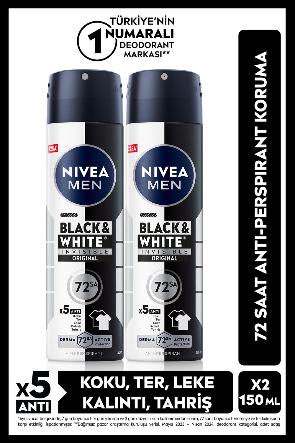 Nivea MEN Men's Spray Deodorant Black&White Invisible Original 150ml, Alcohol-Free, 72 Hours Protection, X2 Pieces