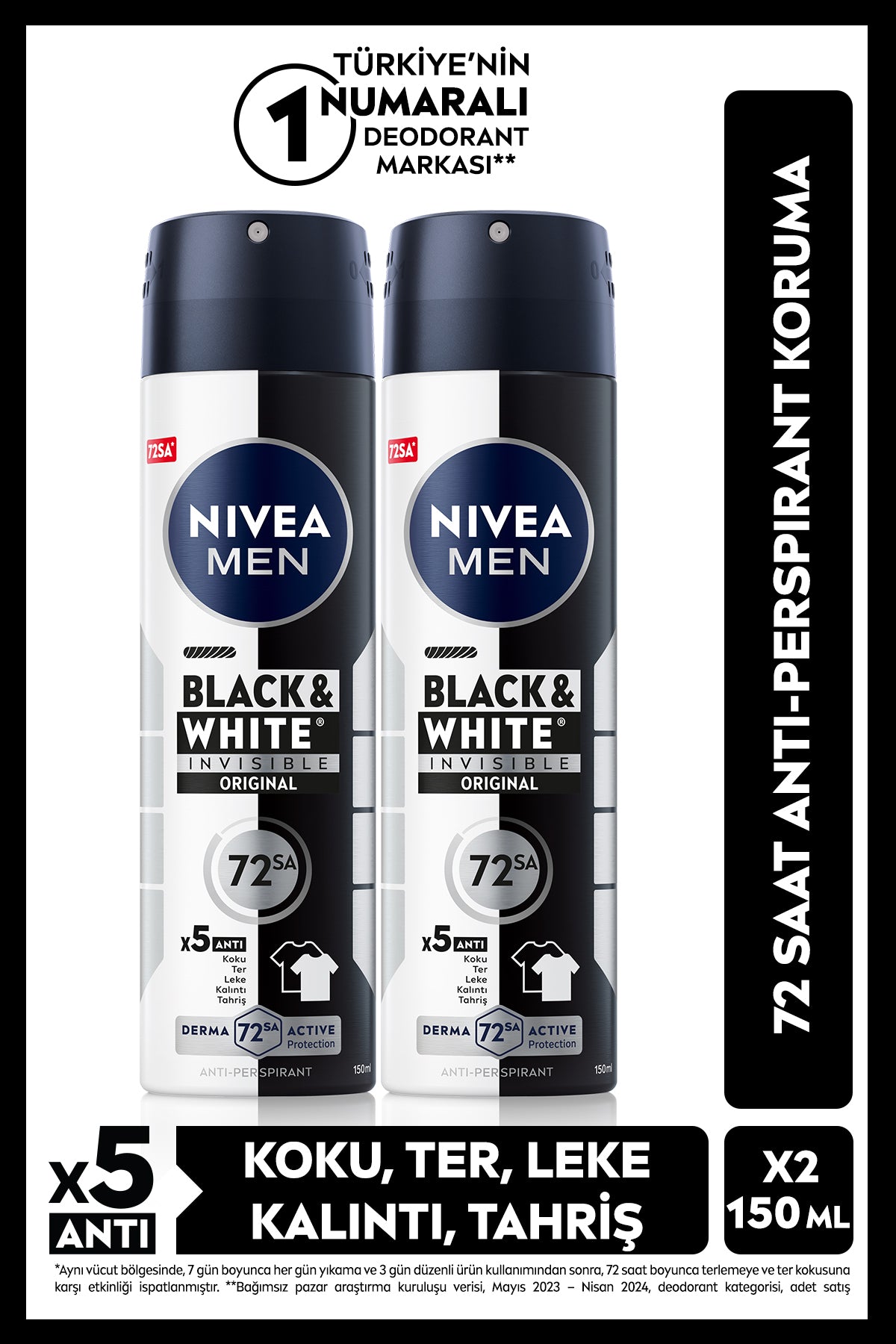 Nivea MEN Men's Spray Deodorant Black&White Invisible Original 150ml, Alcohol-Free, 72 Hours Protection, X2 Pieces
