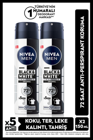 Nivea MEN Men's Spray Deodorant Black&White Invisible Original 150ml, Alcohol-Free, 72 Hours Protection, X2 Pieces