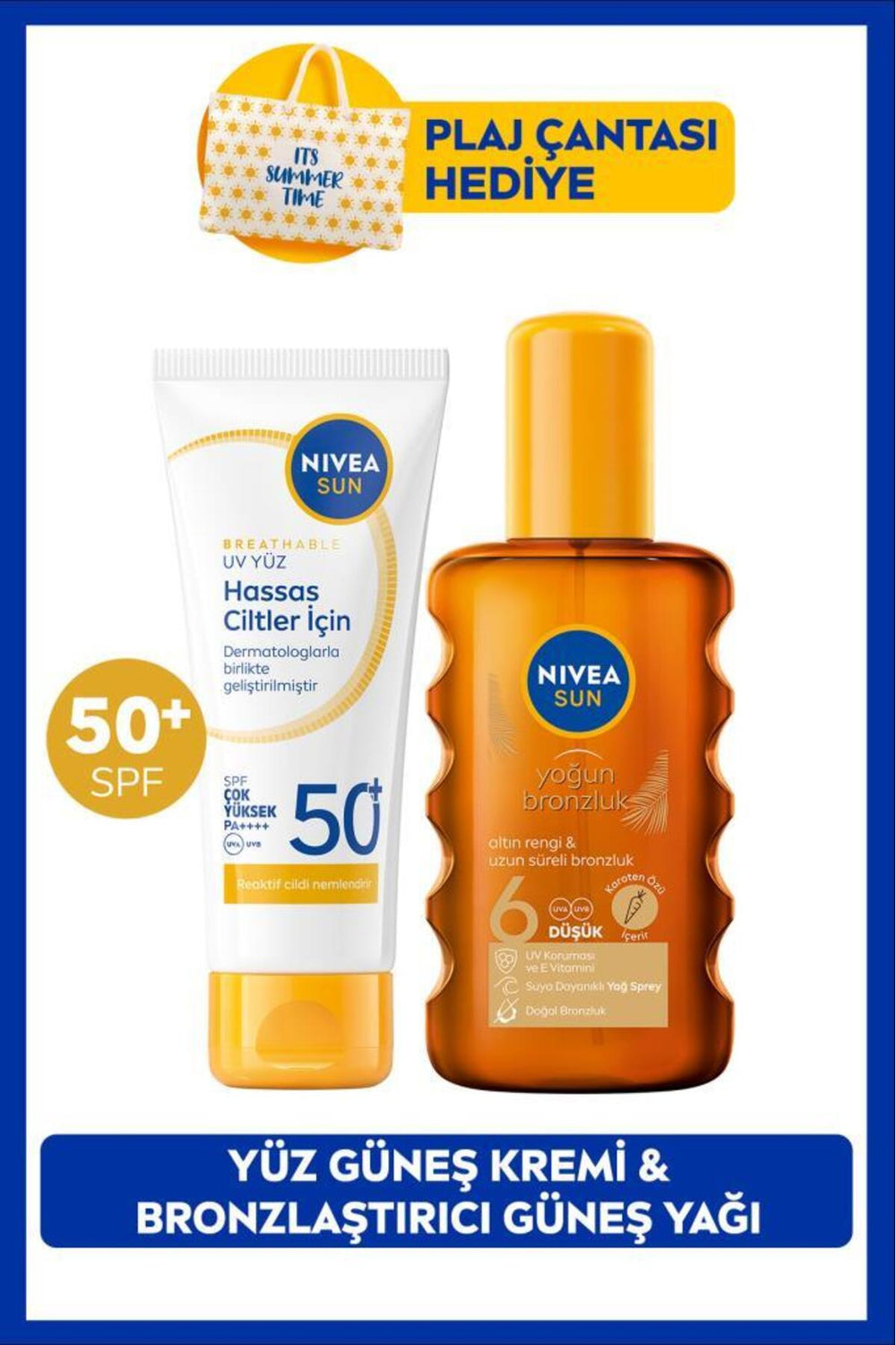 Nivea SUN SPF50+ Sunscreen Face Cream 40ml and Bronzing Sun Oil 200ml, Beach Bag Gift