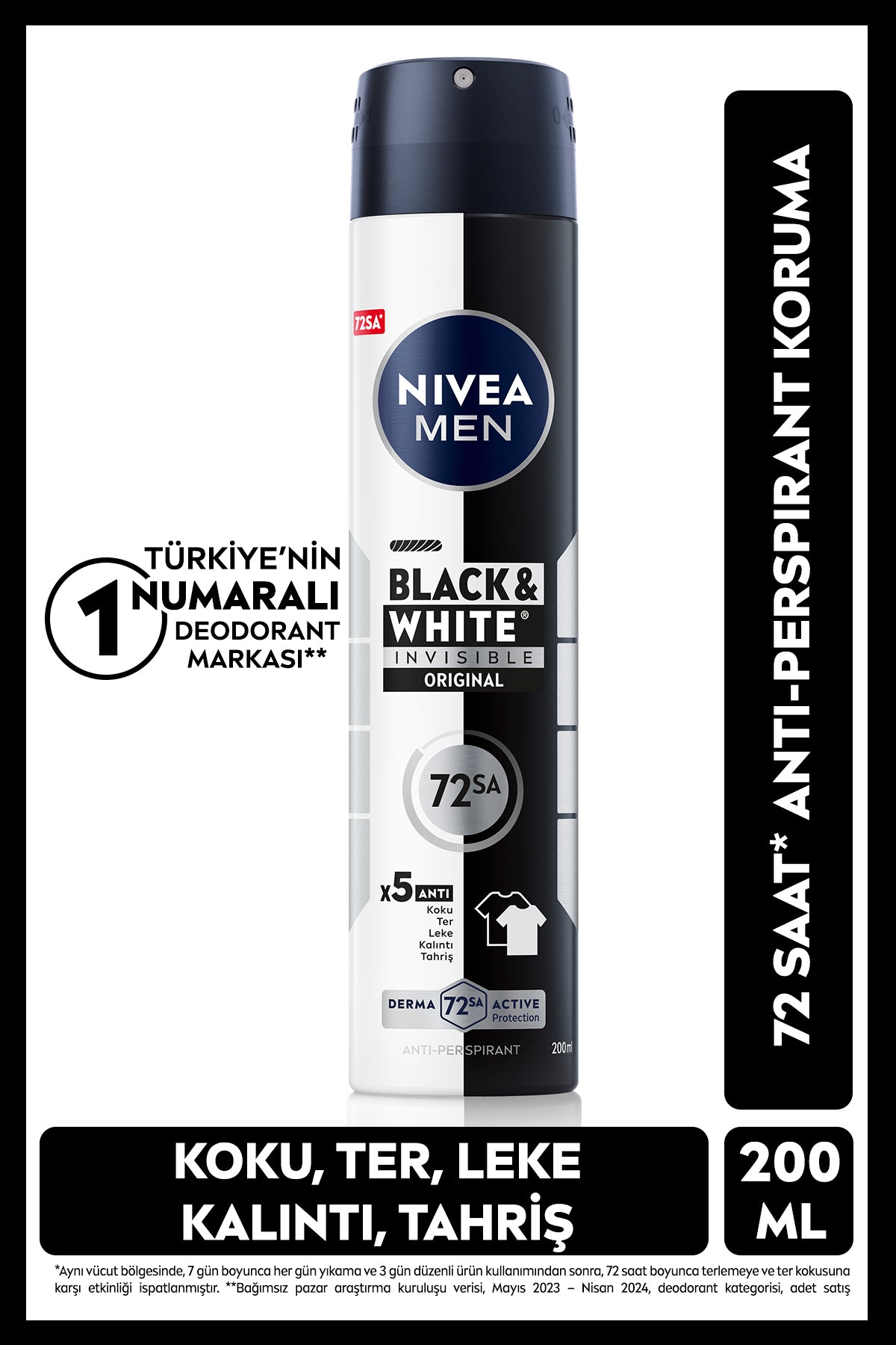 Nivea MEN Men's Spray Deodorant Black&White Original 200ml, 72 Hours Sweat Protection, Anti-Blemish, Alcohol-free