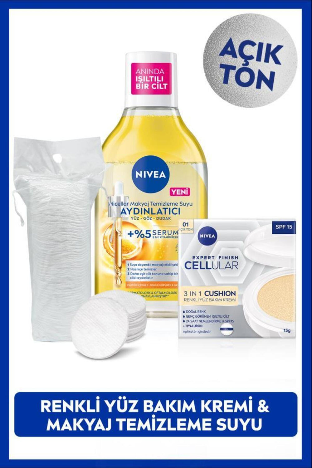 Nivea Micellar Make-up Cleansing Water 400ml and Cellular Expert Cushion Face Sun Cream, Light Tone, Cotton Gift