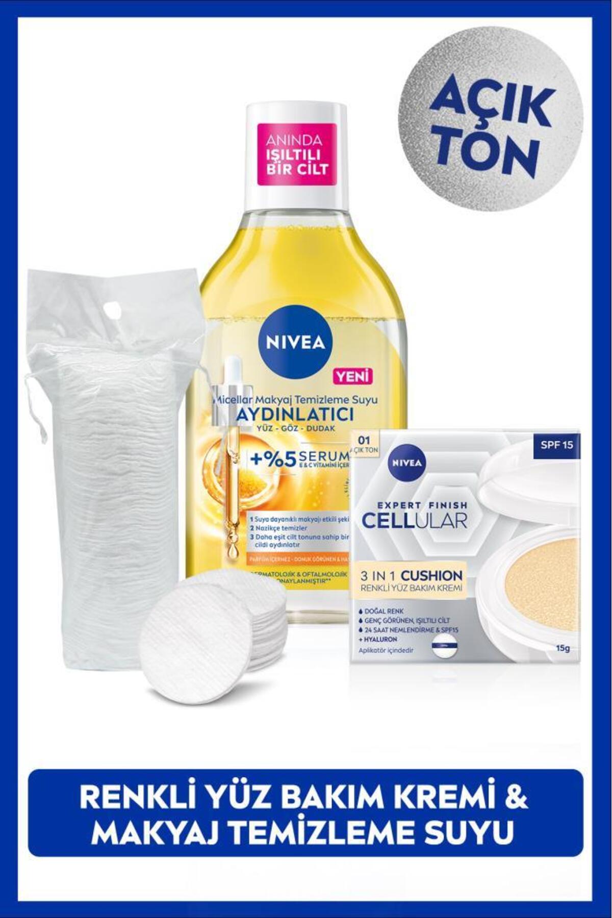 Nivea Micellar Make-up Cleansing Water 400ml and Cellular Expert Cushion Face Sun Cream, Light Tone, Cotton Gift