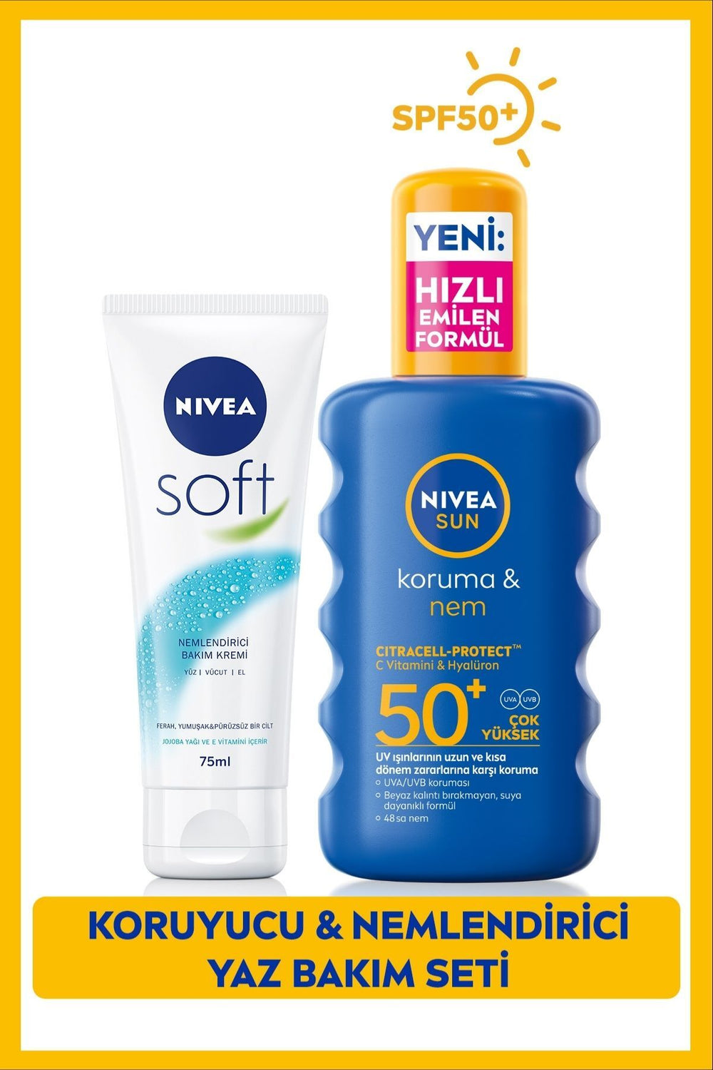 Nivea SUN SPF50+ High Sun Protection Body Spray 200ml and Soft Moisturizing Cream 75ml, Summer Care Set