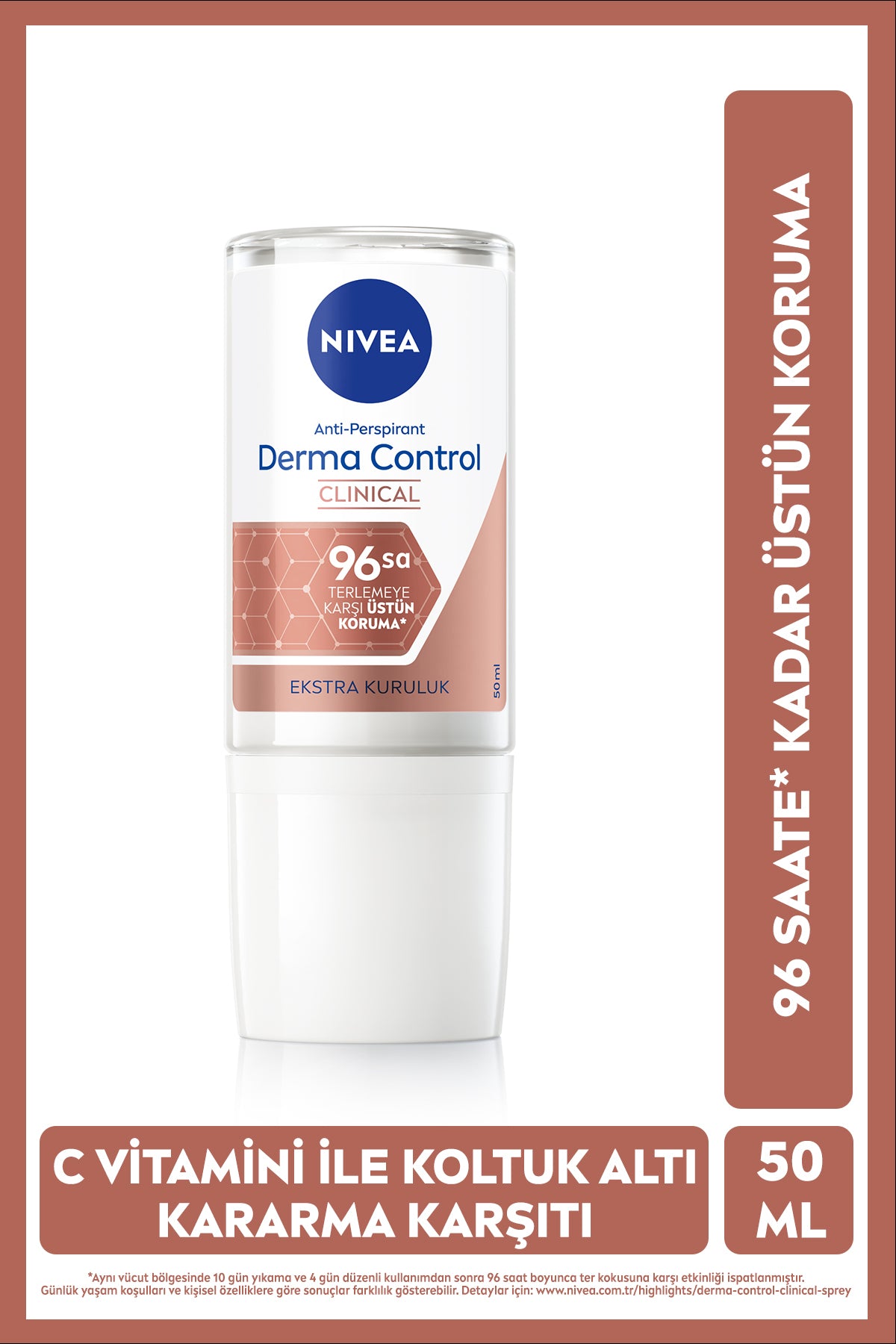 Nivea Women's Roll-On Deodorant Derma Control Clinical 50 ml, 96 Hour Protection, Against Darkening with Vitamin C