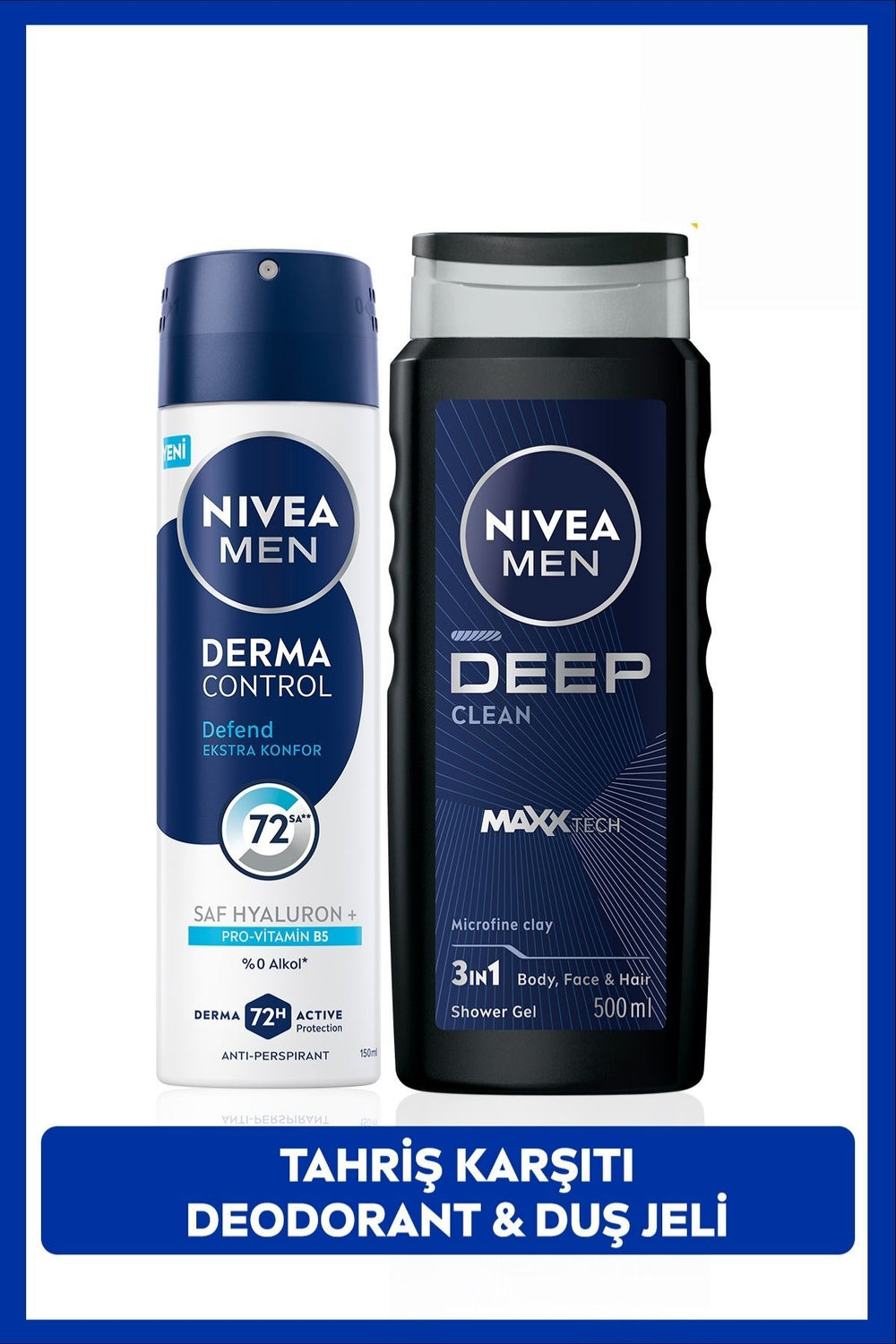 Nivea MEN Men's Deep Clean Shower Gel 500ml and Spray Deodorant Derma Control Defend 150ml, Anti-Irritation