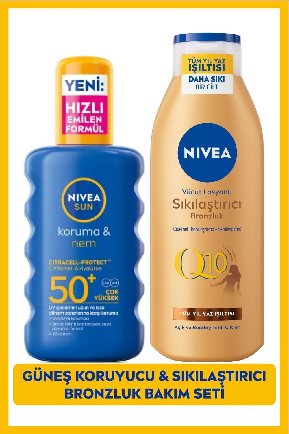 Nivea SUN SPF50+ Sunscreen Body Spray 200ml and Q10 Firming Bronzing Body Lotion 250ml