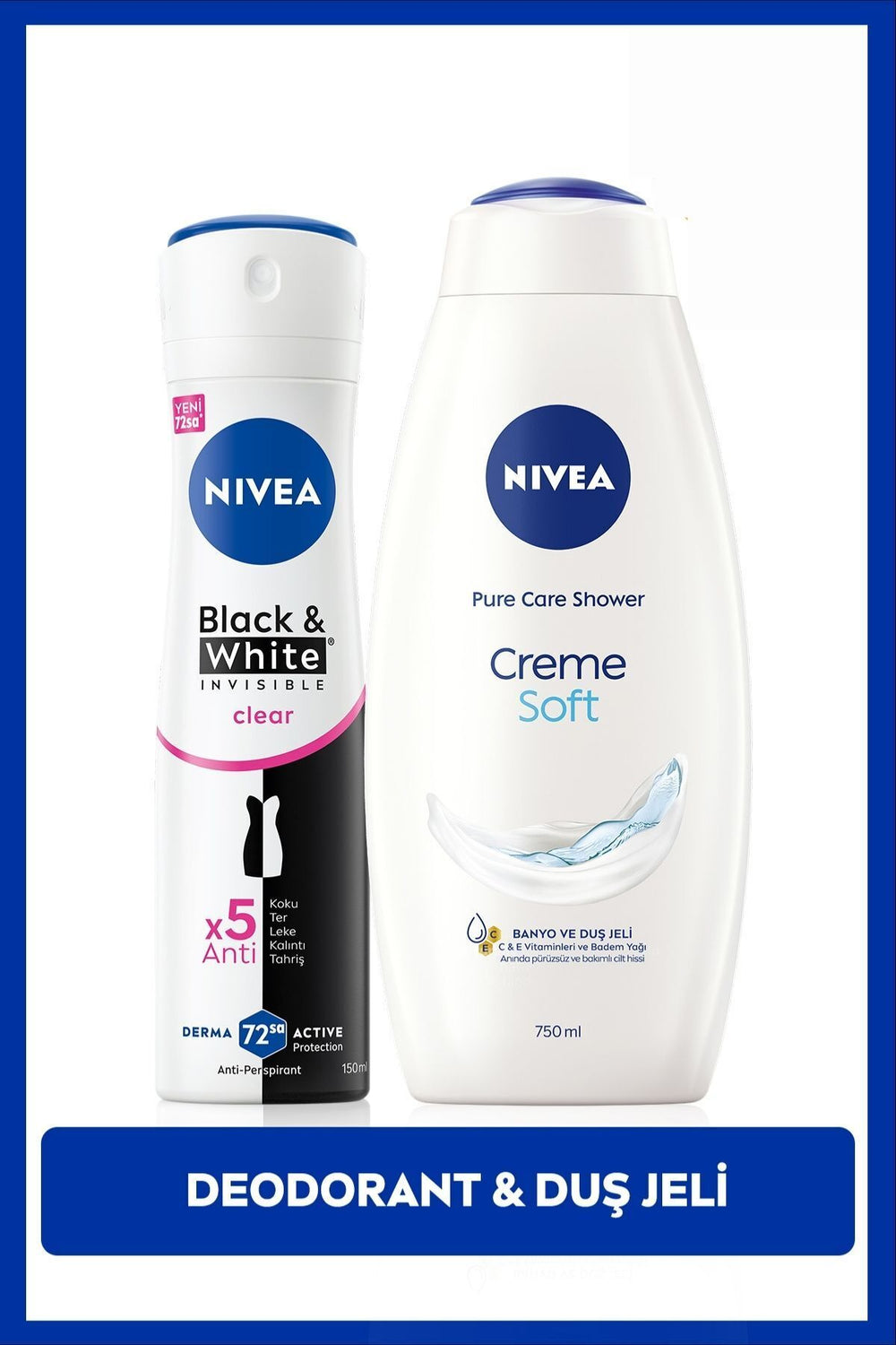 Nivea Women's Spray Deodorant Black&White Invisible Clear 150ml and Creme Soft Shower Gel 750ml, Care Set