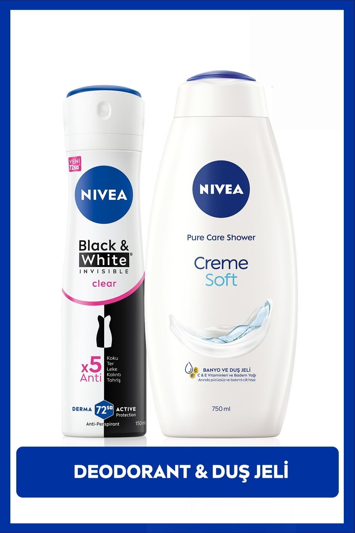 Nivea Women's Spray Deodorant Black&White Invisible Clear 150ml and Creme Soft Shower Gel 750ml, Care Set
