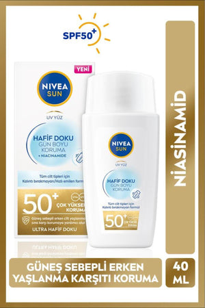 Nivea SUN SPF50+ Light Texture Sunscreen Face Cream 40ml, High Sun Protection, Anti-Aging