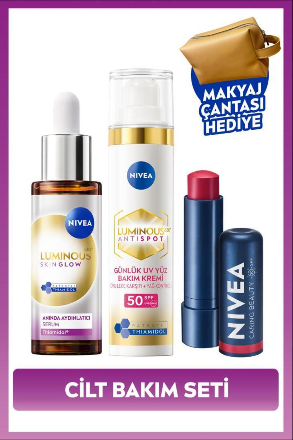 Nivea Luminous630 Thiamidol Anti-Blemish Day Cream 40ml, Serum and Red Lip Balm, Makeup Bag