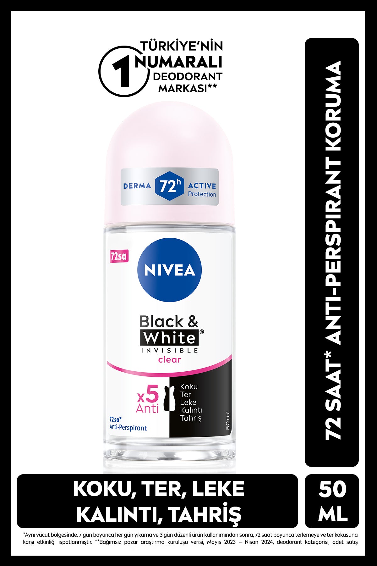 Nivea Women's Roll-on Deodorant Black&White Invisible Clear 50ml, 72 Hours Anti-perspirant Sweat Protection, Alcohol-free
