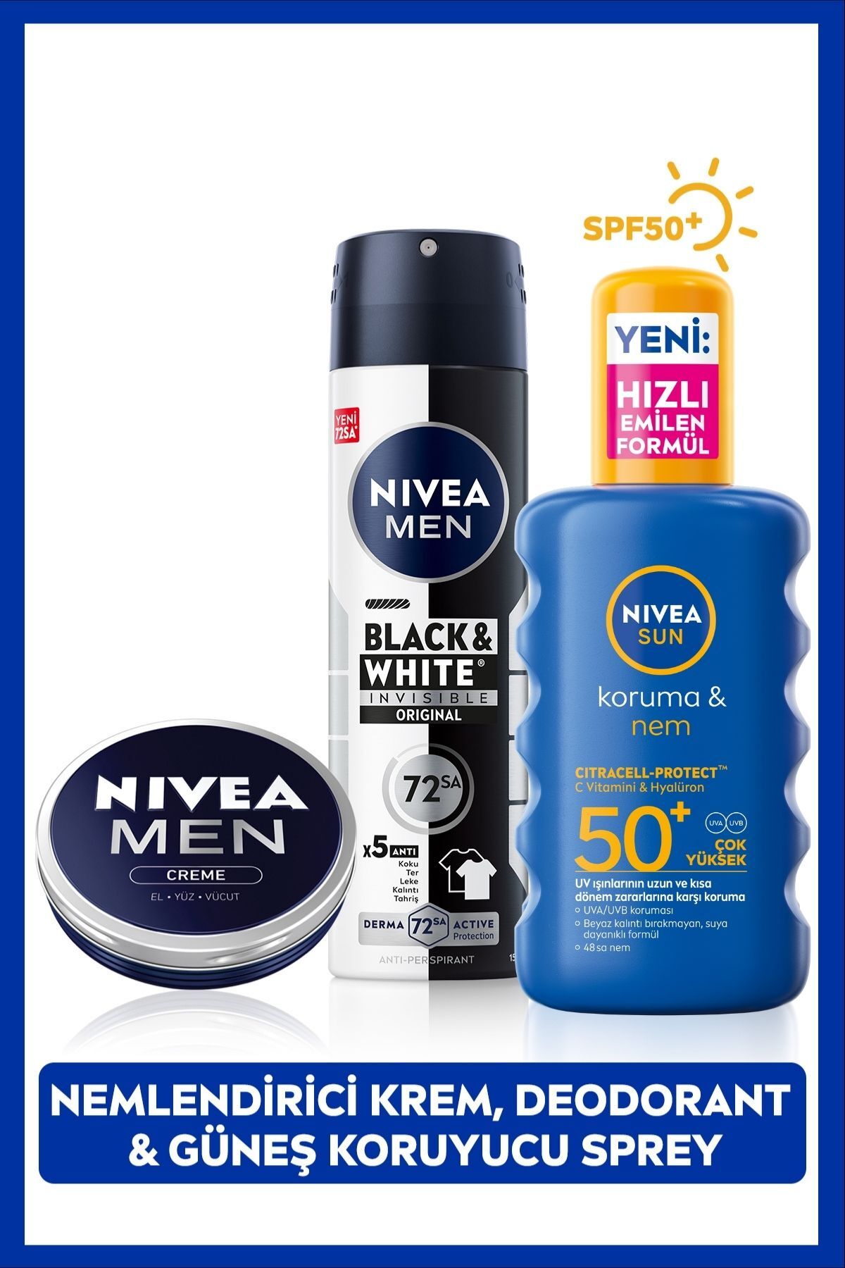 Nivea SUN SPF50+ Sunscreen Body Spray 200ml, Men's Spray Deodorant and Moisturizing Care Cream Set