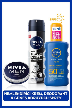 Nivea SUN SPF50+ Sunscreen Body Spray 200ml, Men's Spray Deodorant and Moisturizing Care Cream Set