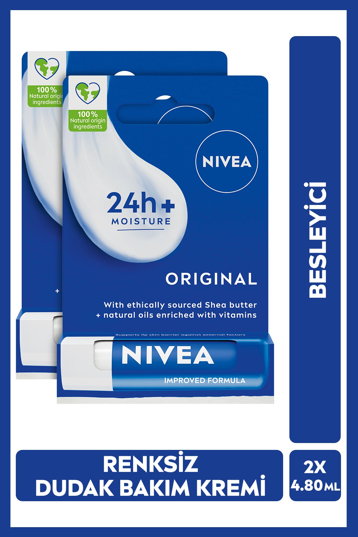 Nivea Original Care Colorless Lip Care Cream 4.8gr, 24 Hour Moisturizing, Nourishing, Shea Butter, X2 Pieces