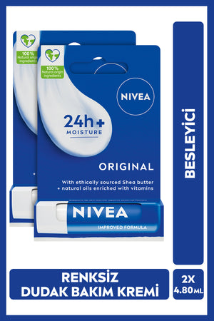 Nivea Original Care Colorless Lip Care Cream 4.8gr, 24 Hour Moisturizing, Nourishing, Shea Butter, X2 Pieces