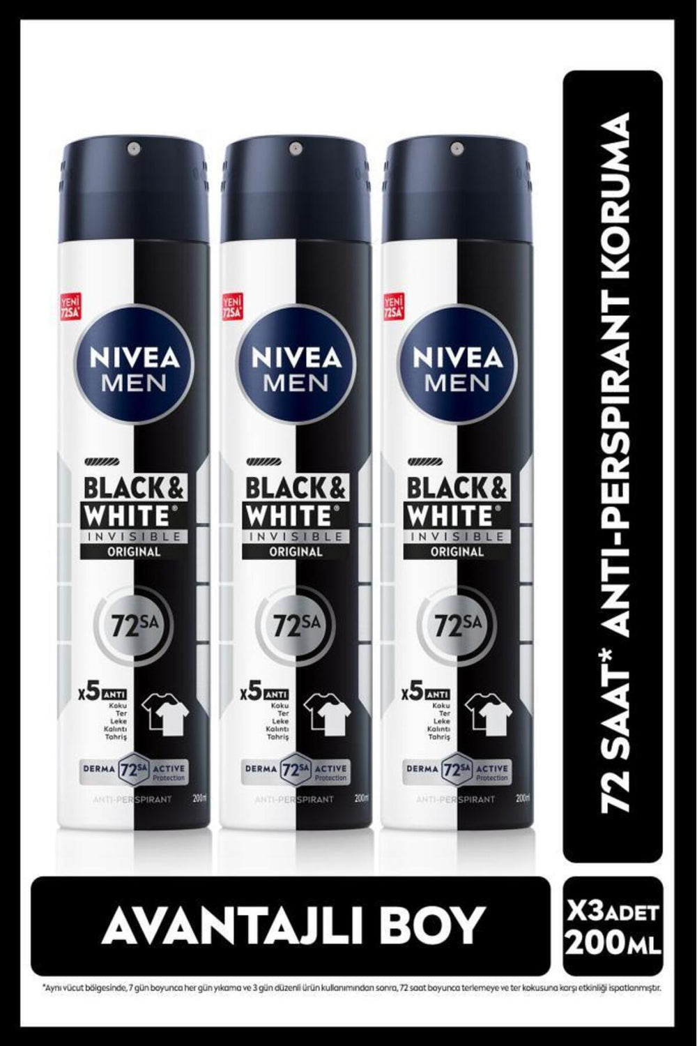 Nivea MEN Men's Spray Deodorant Black&White Invisible Original 200ml, 72 Hours Anti-perspirant, X3 Pieces