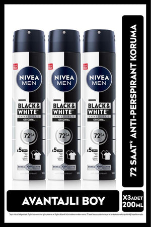 Nivea MEN Men's Spray Deodorant Black&White Invisible Original 200ml, 72 Hours Anti-perspirant, X3 Pieces
