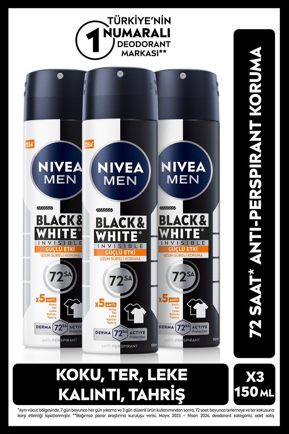 Nivea MEN Men's Spray Deodorant Black&White Invisible Strong Effect 150ml, 72 Hours Anti-Sweat Odor, X3 Pcs