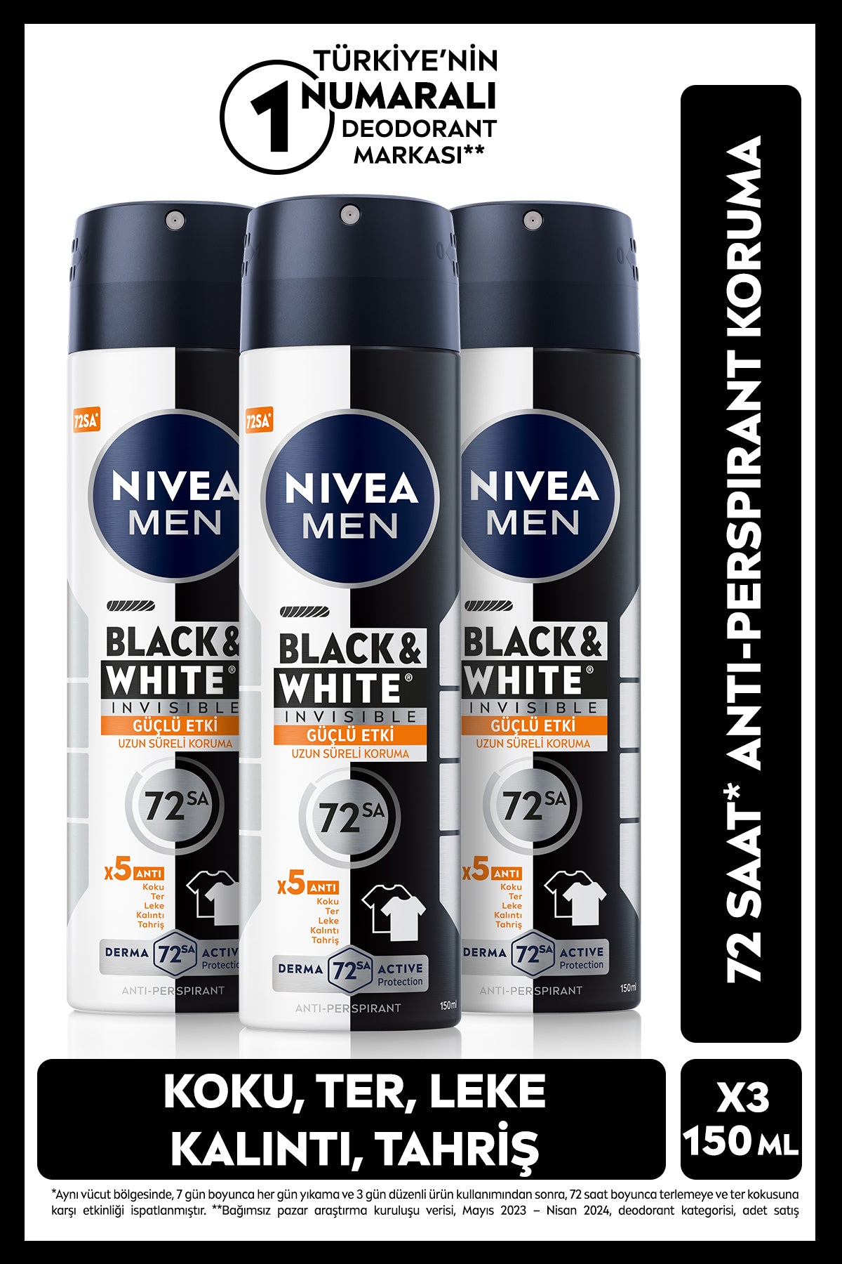 Nivea MEN Men's Spray Deodorant Black&White Invisible Strong Effect 150ml, 72 Hours Anti-Sweat Odor, X3 Pcs