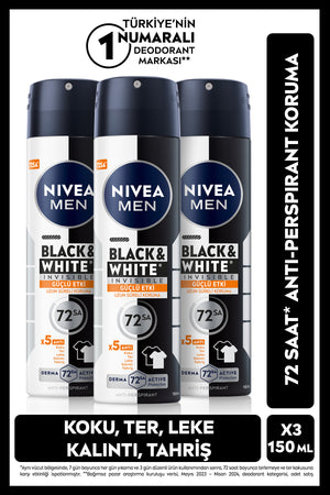 Nivea MEN Men's Spray Deodorant Black&White Invisible Strong Effect 150ml, 72 Hours Anti-Sweat Odor, X3 Pcs