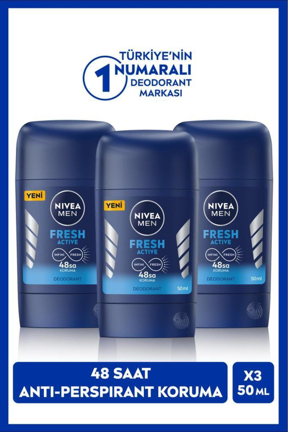 Nivea MEN Men's Stick Deodorant Fresh Active 50ml, 48 Hours Protection, X3 Pieces