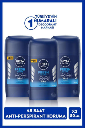 Nivea MEN Men's Stick Deodorant Fresh Active 50ml, 48 Hours Protection, X3 Pieces