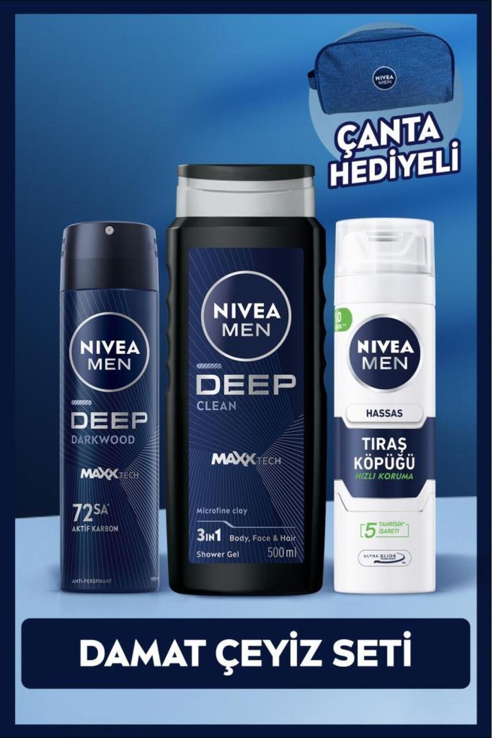 Nivea MEN Men's Grooming Dowry Set, Sensitive Shaving Foam, Shower Gel and Spray Deodorant, Bag Gift