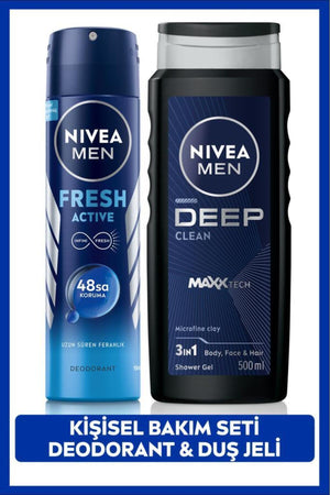 Nivea MEN Men's Care Groom Dowry Set, Shower Gel 500ml and Spray Deodorant Fresh Active150ml, Sweat Protection