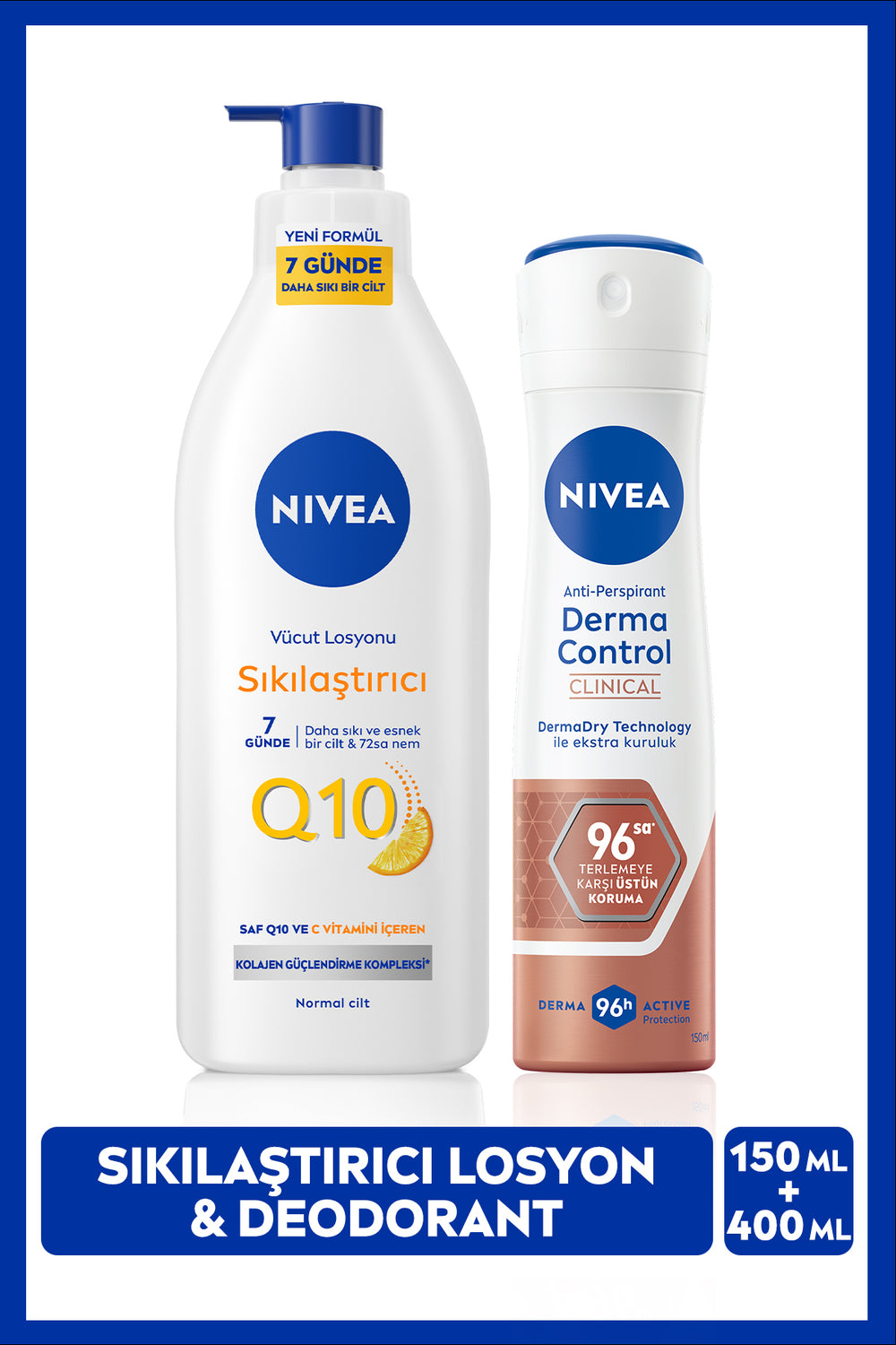 Nivea Q10 Firming Body Lotion 200ml and Women's Spray Deodorant Derma Control Clinical 150ml