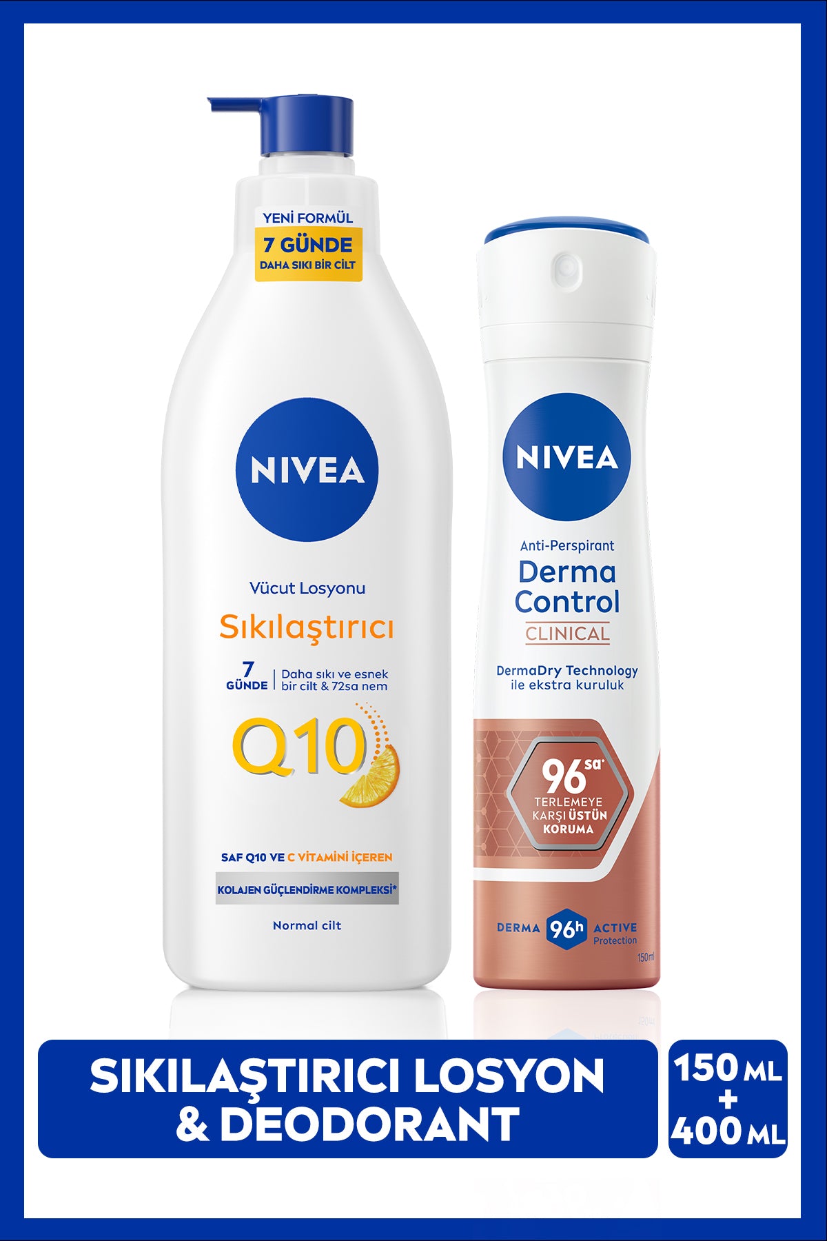 Nivea Q10 Firming Body Lotion 200ml and Women's Spray Deodorant Derma Control Clinical 150ml