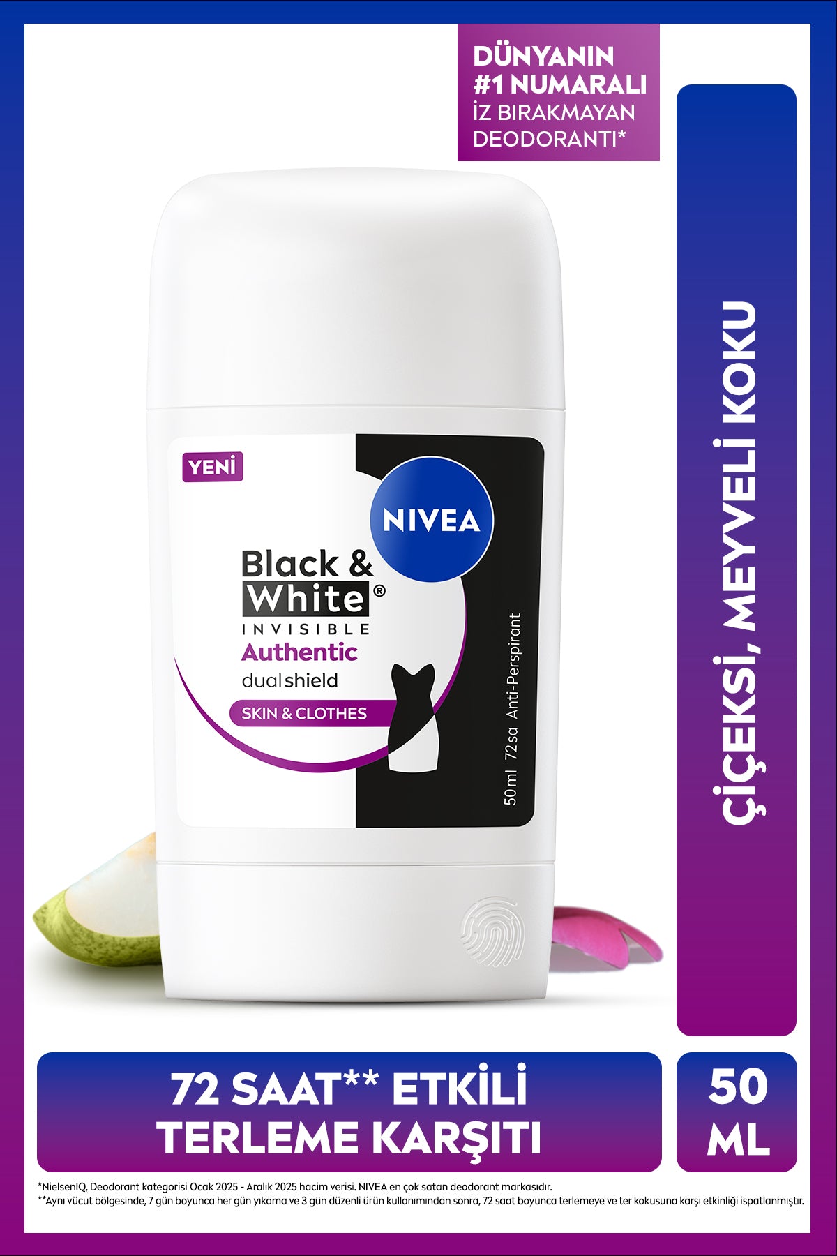 Nivea Women's Stick Deodorant Black&White Authentic 50 ml, Anti-Sweat, Fruit, Flower Scent, Fabric Protection