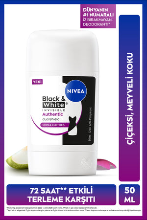 Nivea Women's Stick Deodorant Black&White Authentic 50 ml, Anti-Sweat, Fruit, Flower Scent, Fabric Protection