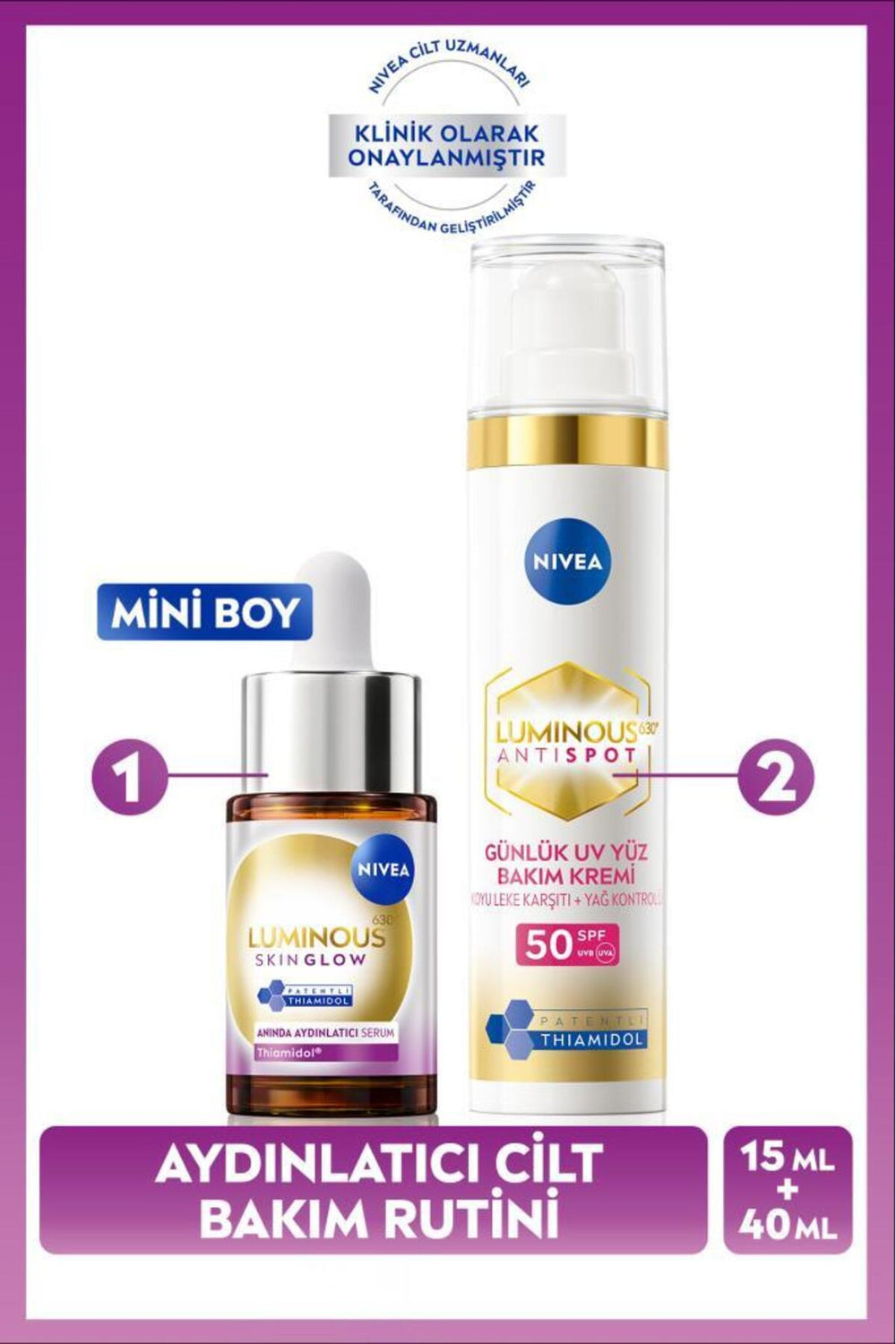 Nivea Luminous630 Brightening and Anti-Blemish Skin Care Set, SPF50 Facial Sunscreen 40ml, Serum 15ml
