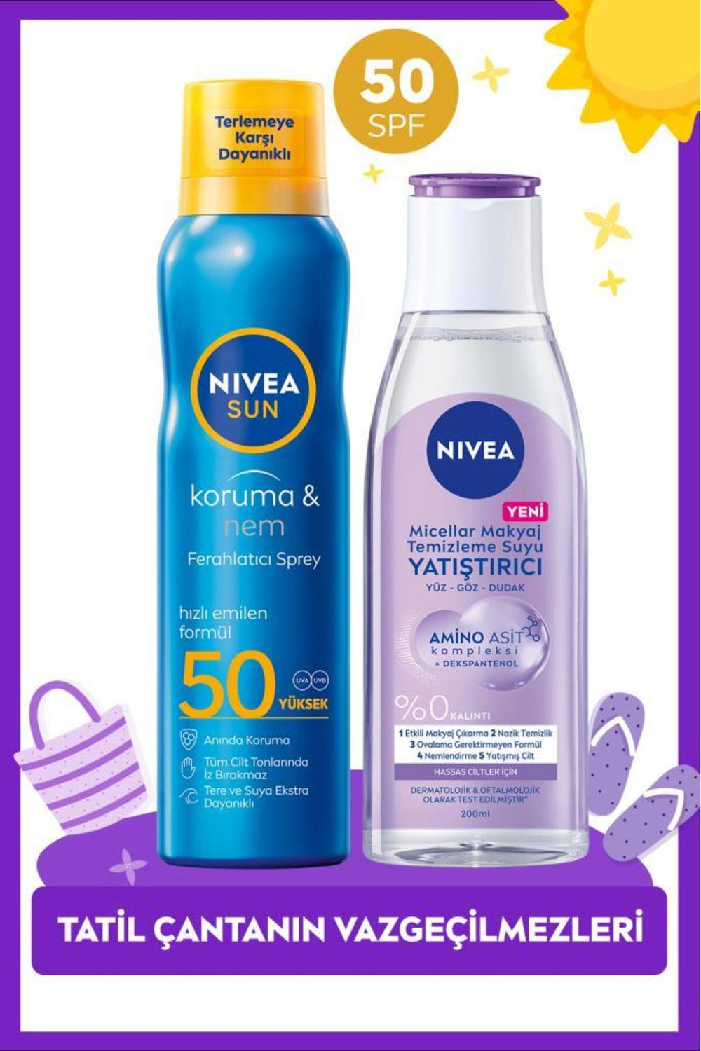 Nivea Holiday Bag Essentials Set, SPF50 Sunscreen Refreshing Spray and Make-up Cleansing Water
