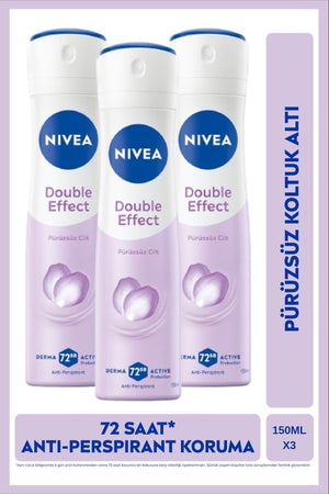 Nivea Women's Spray Deodorant Double Effect 150ml, 72 Hours Anti-perspirant Sweat Protection, Alcohol-Free, X3 Pieces