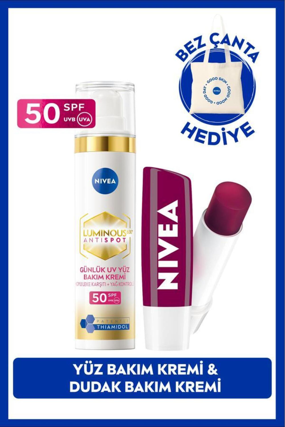 Nivea SPF50 Luminous630 Thiamidol Anti-Blemish Day Cream 40ml and Blackberry Lip Balm, Bag Gift