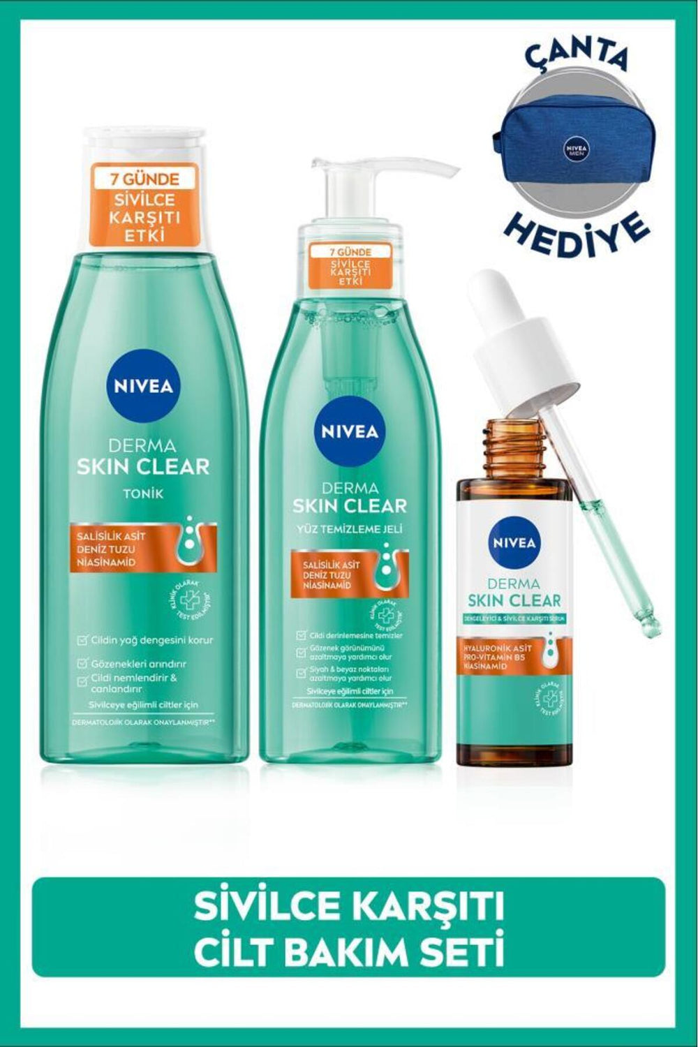 Nivea Anti-Acne Derma Skin Clear Facial Cleansing Gel 150ml, Tonic 200ml, Serum 30ml, Bag Gift