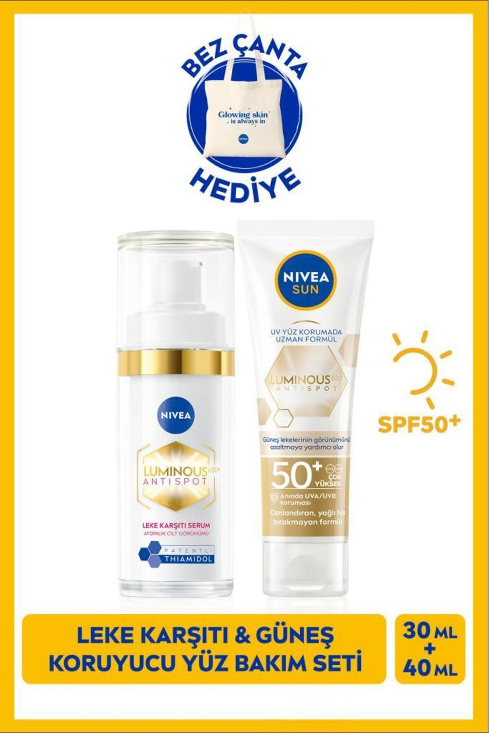 Nivea SUN SPF50+ Luminous630 Face Cream 40ml and Thiamidol Effective Anti-Blemish Serum 30ml, Gift Bag
