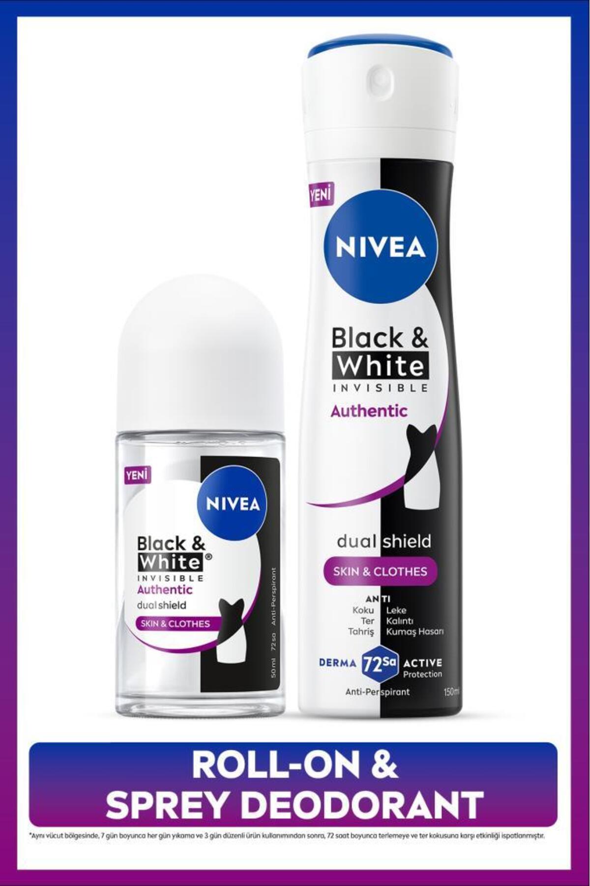 Nivea Women's Spray Deodorant Black&White Authentic 150ml and Roll-on 50ml, Anti-Sweat and Anti-Blemish