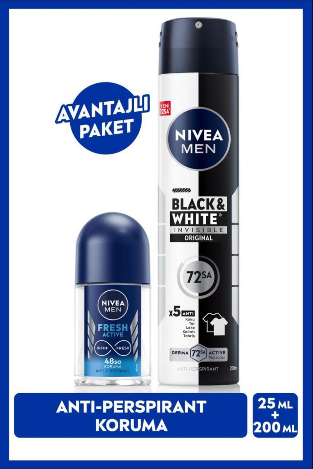 Nivea Men's Spray Deodorant Black & White Invisible Original 200ml and Fresh Active Mini Roll-on 25