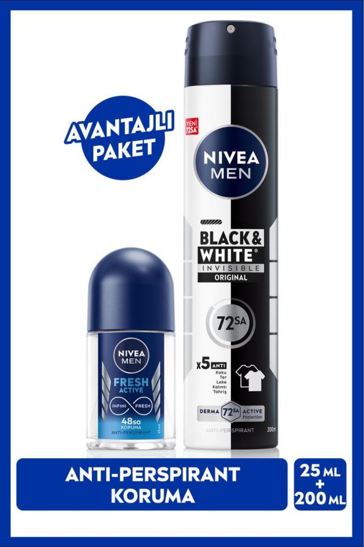 Nivea Men's Spray Deodorant Black & White Invisible Original 200ml and Fresh Active Mini Roll-on 25
