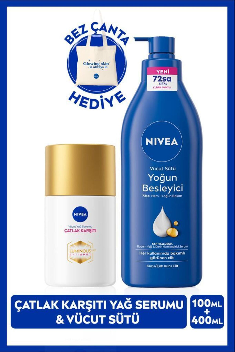 Nivea Luminous630 Anti Stretch Marks Body Oil Serum 100ml and Intensive Nourishing Body Milk 400ml, Bag Gift