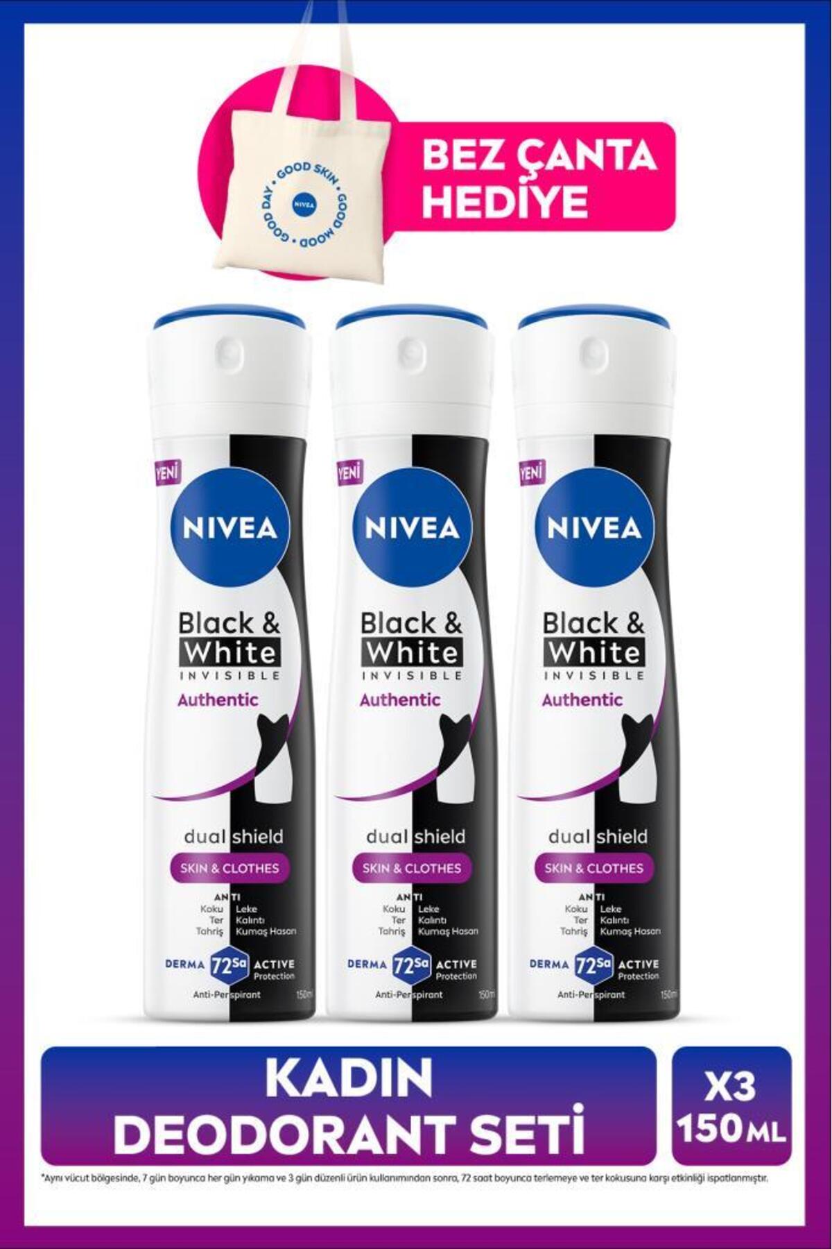 Nivea Women's Spray Deodorant Black&White Authentic 150ml, Anti-Sweat, Alcohol-free, X3 Pieces, Bag Gift