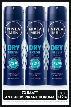 Nivea MEN Men's Spray Deodorant Dry Fresh 150ml, 72 Hours Protection Against Sweat, Alcohol-Free, X3 Pieces