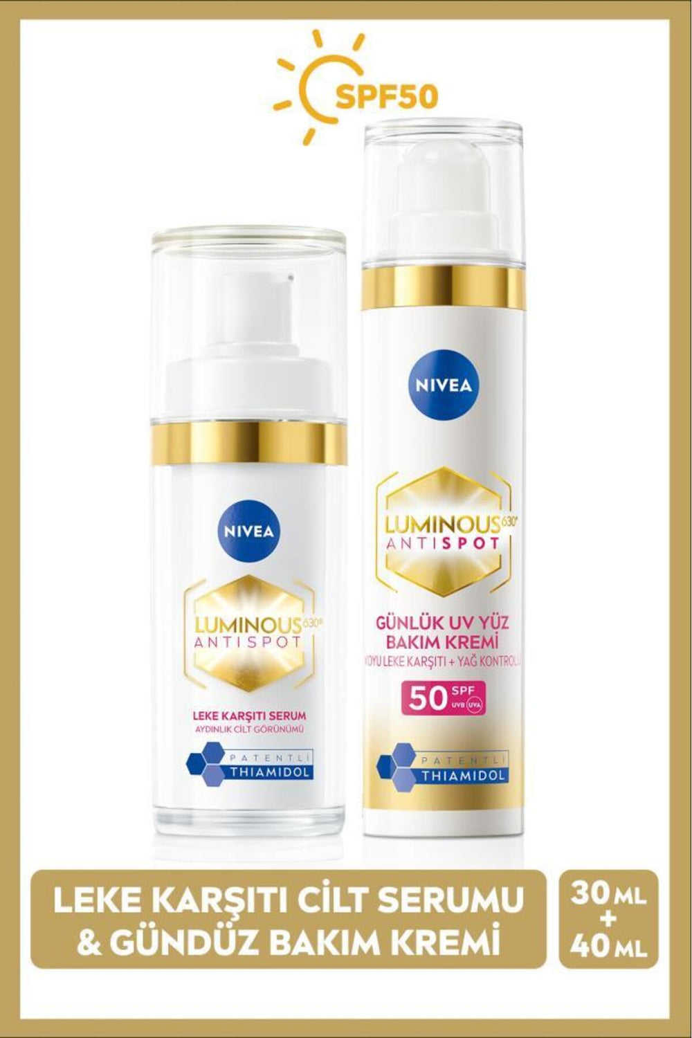 Nivea Luminous630 Thiamidol Effective Anti-Blemish Skin Serum 30ml and Sun Protection Day Cream 40ml, spf50