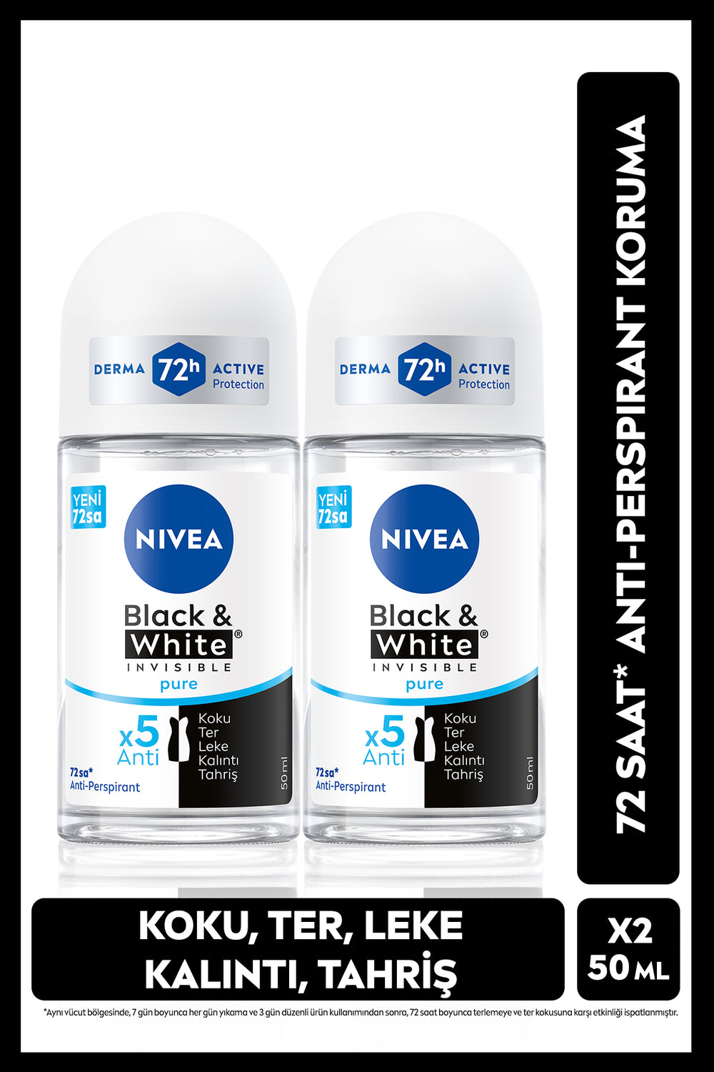 Nivea Women's Roll-on Deodorant Black&White Invisible Pure 50ml, 72 Hours Anti-perspirant Sweat Protection, X2 Pieces