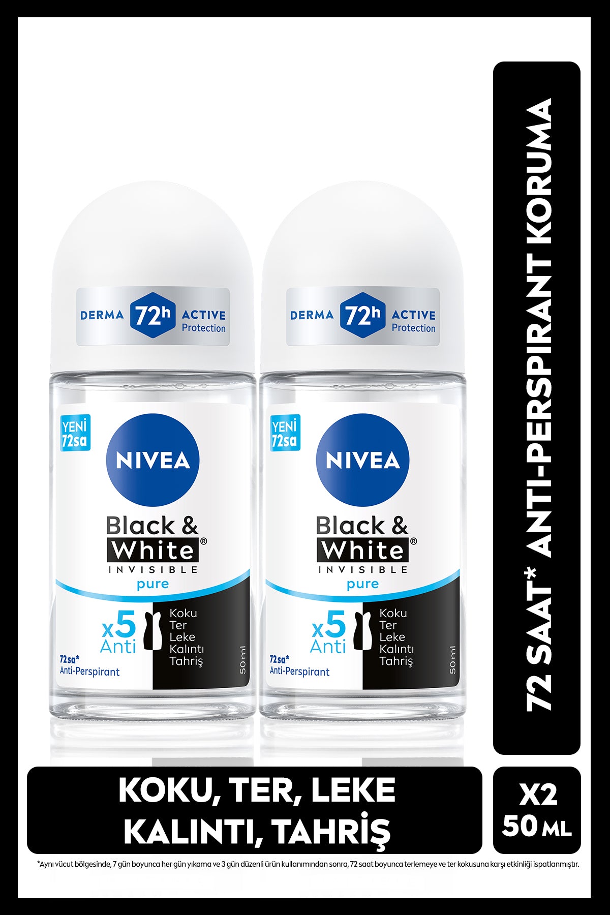 Nivea Women's Roll-on Deodorant Black&White Invisible Pure 50ml, 72 Hours Anti-perspirant Sweat Protection, X2 Pieces