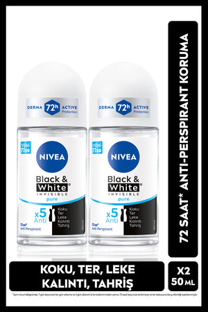 Nivea Women's Roll-on Deodorant Black&White Invisible Pure 50ml, 72 Hours Anti-perspirant Sweat Protection, X2 Pieces