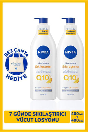 Nivea Q10 7 Days Firming Body Lotion 400ml, Vitamin C, Moisturizer, X2 Pieces, Cloth Bag Gift